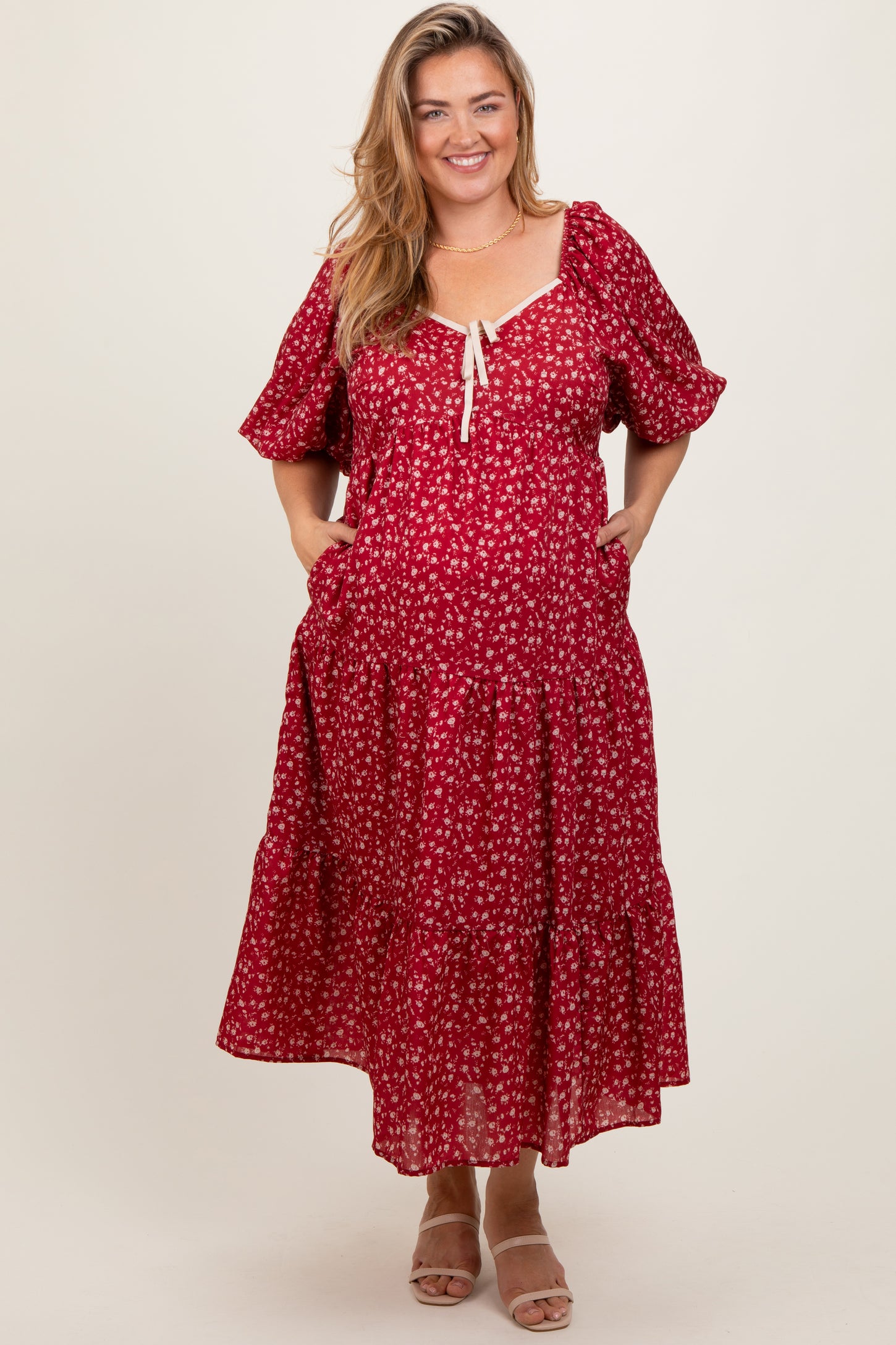 Red Floral Puff Sleeve Tiered Maternity Plus Maxi Dress