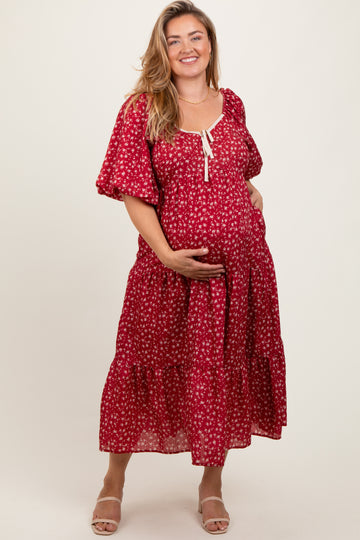Red Floral Puff Sleeve Tiered Maternity Plus Maxi Dress