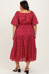 Red Floral Puff Sleeve Tiered Plus Maxi Dress