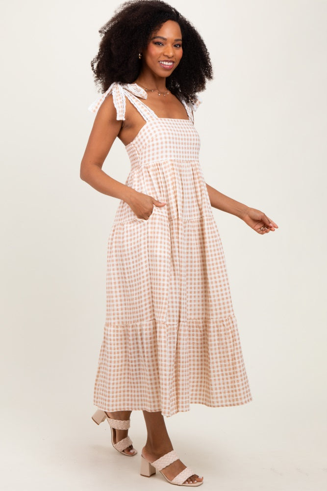 Camel Gingham Lace Trim Shoulder Tie Maxi Dress