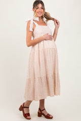 Camel Gingham Lace Trim Shoulder Tie Maternity Maxi Dress