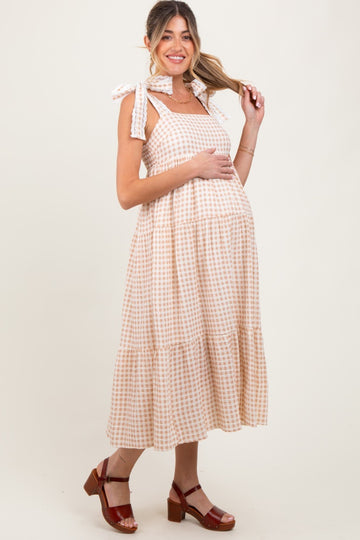 Camel Gingham Lace Trim Shoulder Tie Maternity Maxi Dress