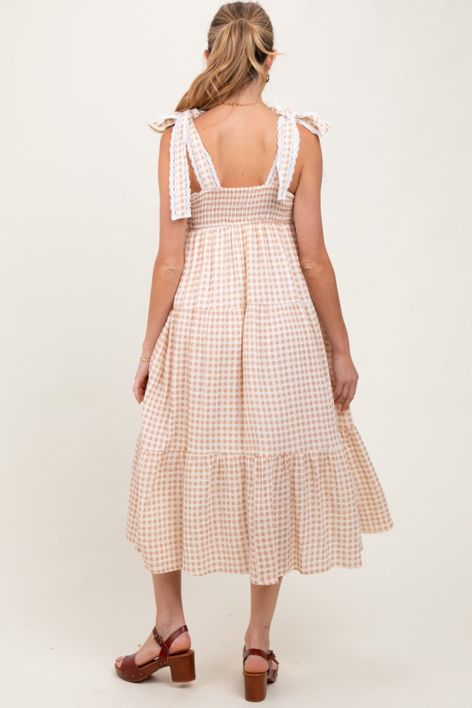 Camel Gingham Lace Trim Shoulder Tie Maternity Maxi Dress