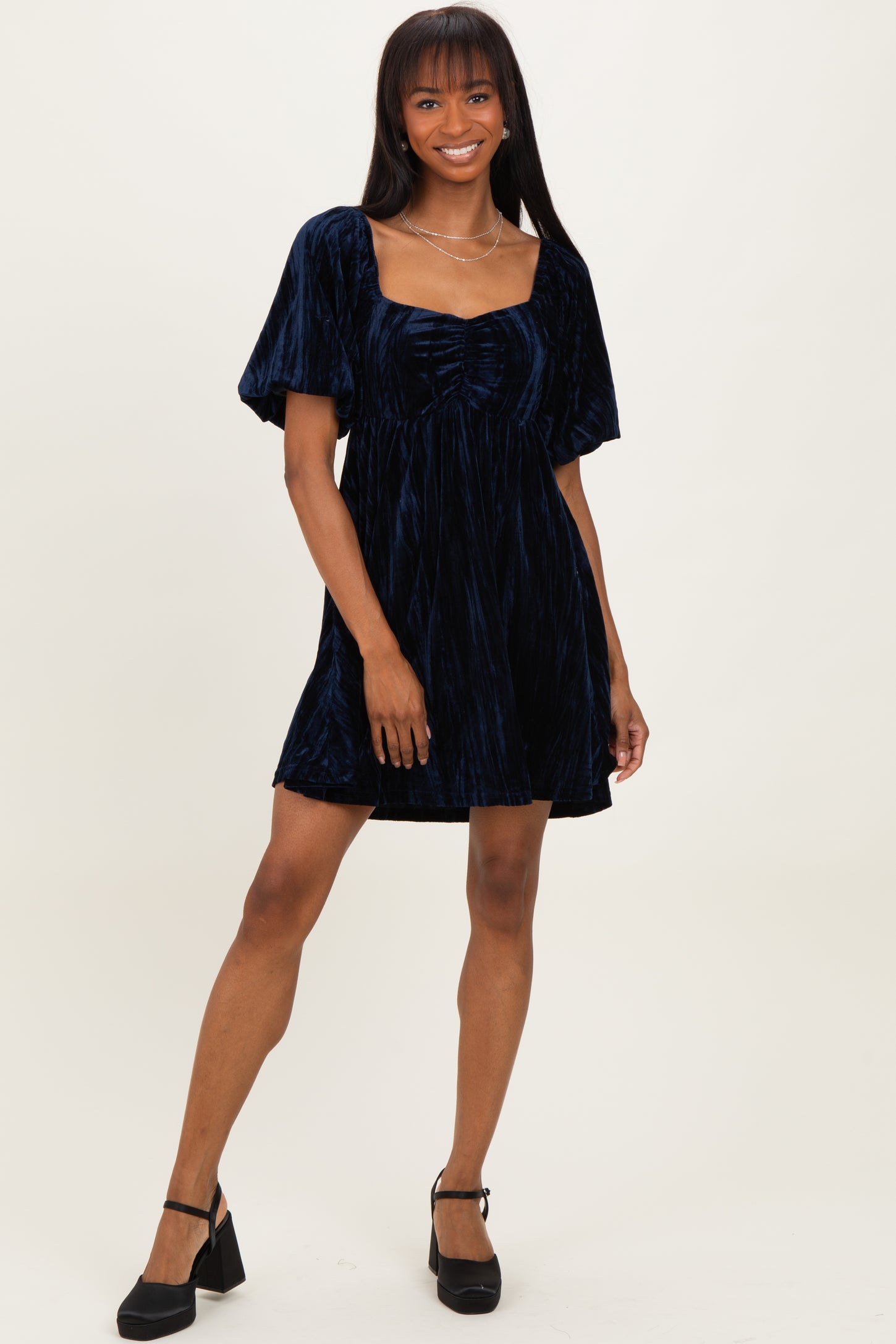 Navy Crushed Velvet Puff Sleeve Maternity Mini Dress