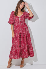 Red Floral Puff Sleeve Tiered Maternity Maxi Dress