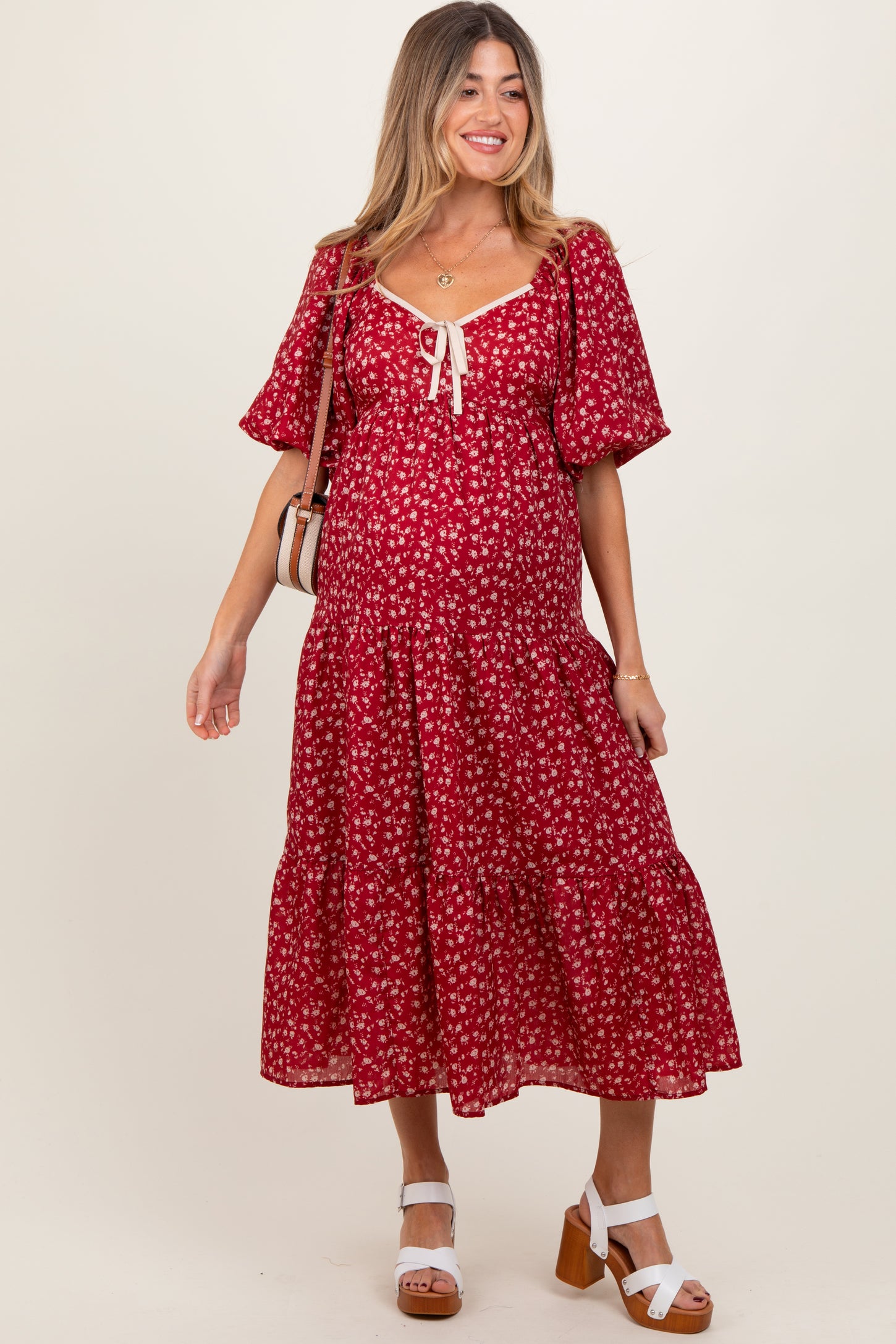 Red Floral Puff Sleeve Tiered Maternity Maxi Dress