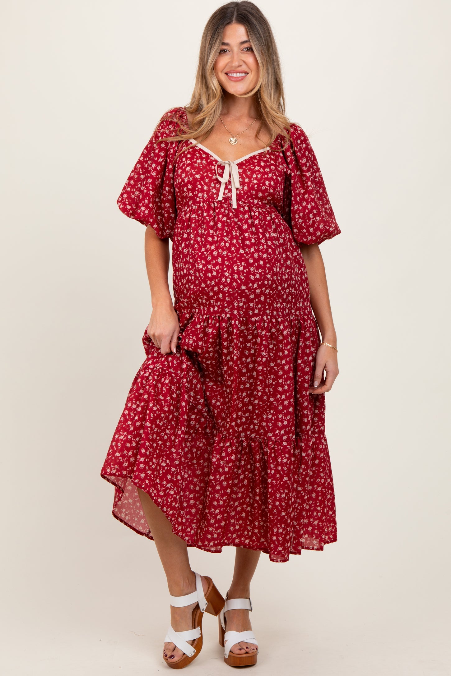 Red Floral Puff Sleeve Tiered Maternity Maxi Dress