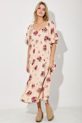 Cream Floral Puff Sleeve Maternity Tiered Maxi Dress