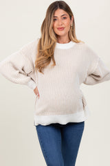 Taupe Ribbed Balloon Sleeve Maternity Sweater