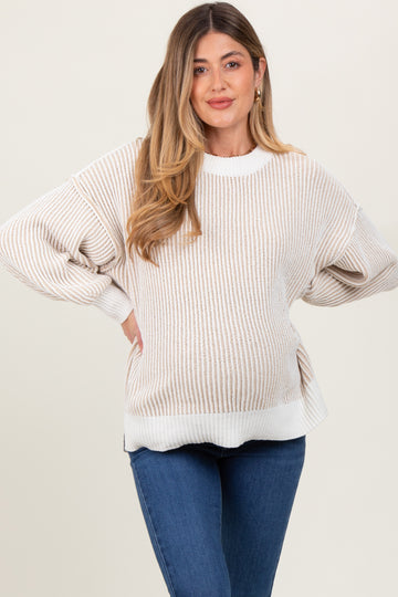 Taupe Ribbed Balloon Sleeve Maternity Sweater