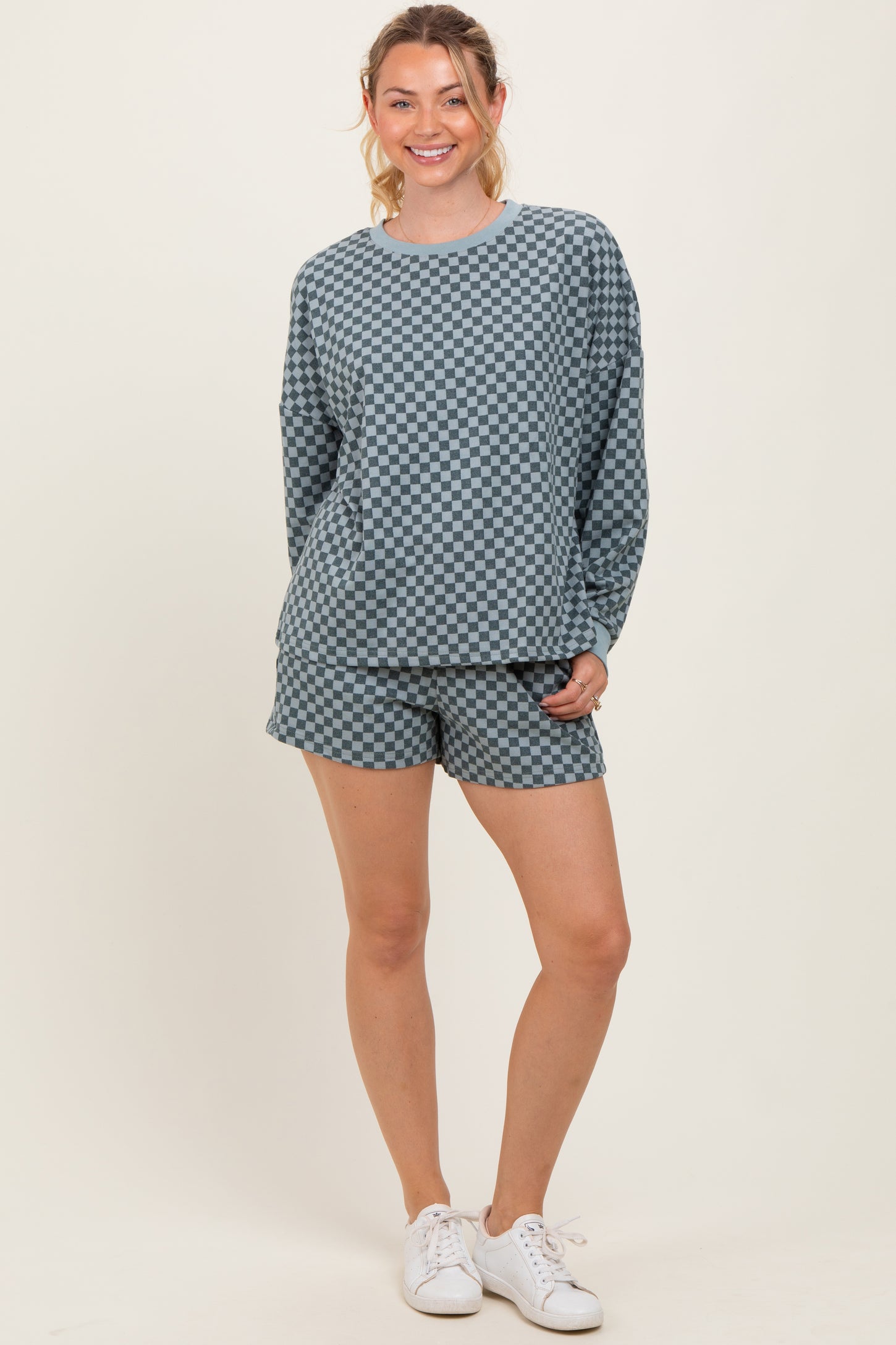 Dark Teal Checkered Plaid Pullover Shorts Set
