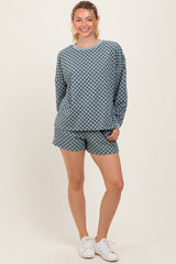 Dark Teal Checkered Plaid Pullover Shorts Maternity Set