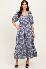 Navy Floral Tiered Puff Sleeve Maternity Midi Dress