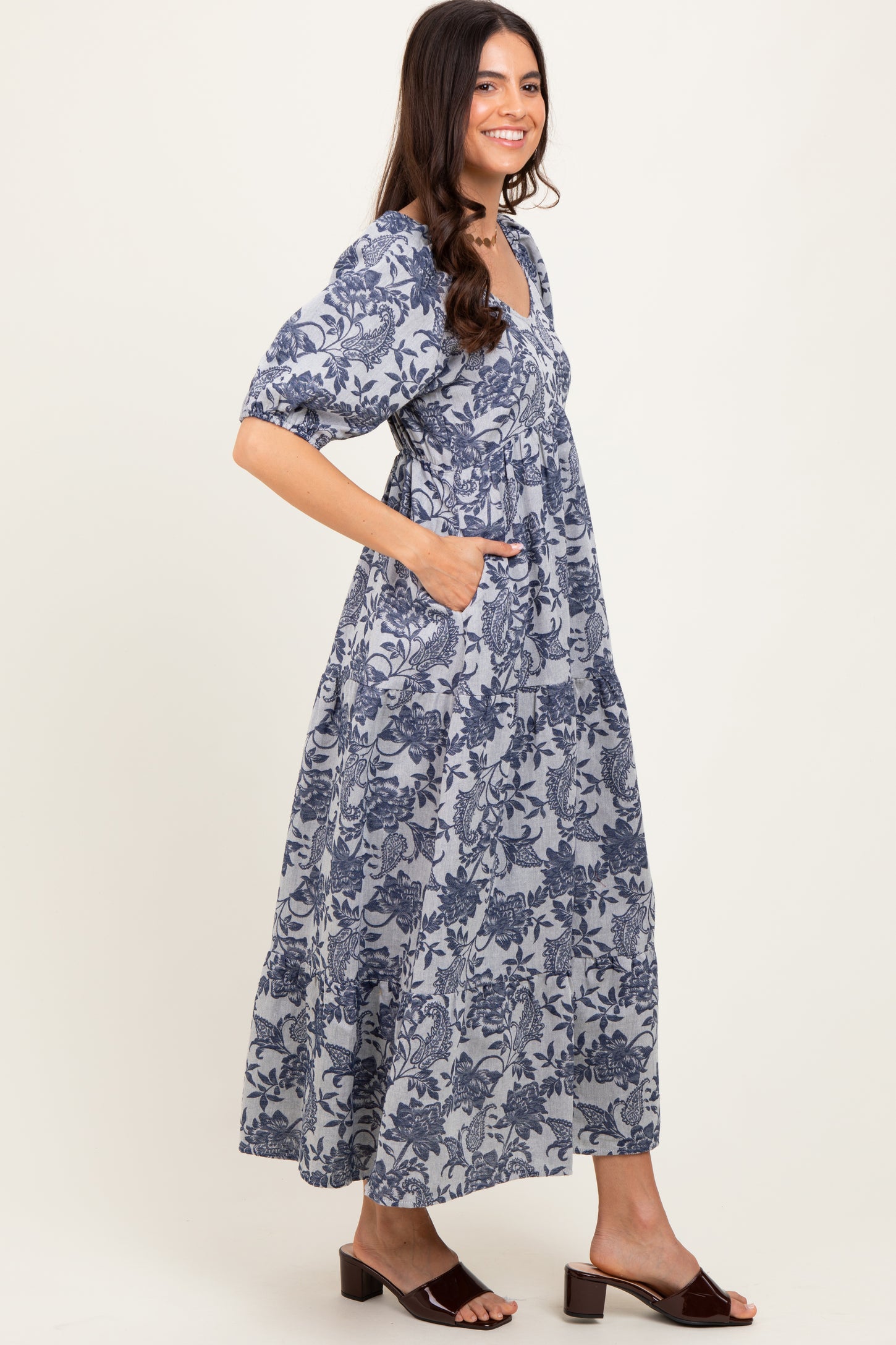 Navy Floral Tiered Puff Sleeve Midi Dress