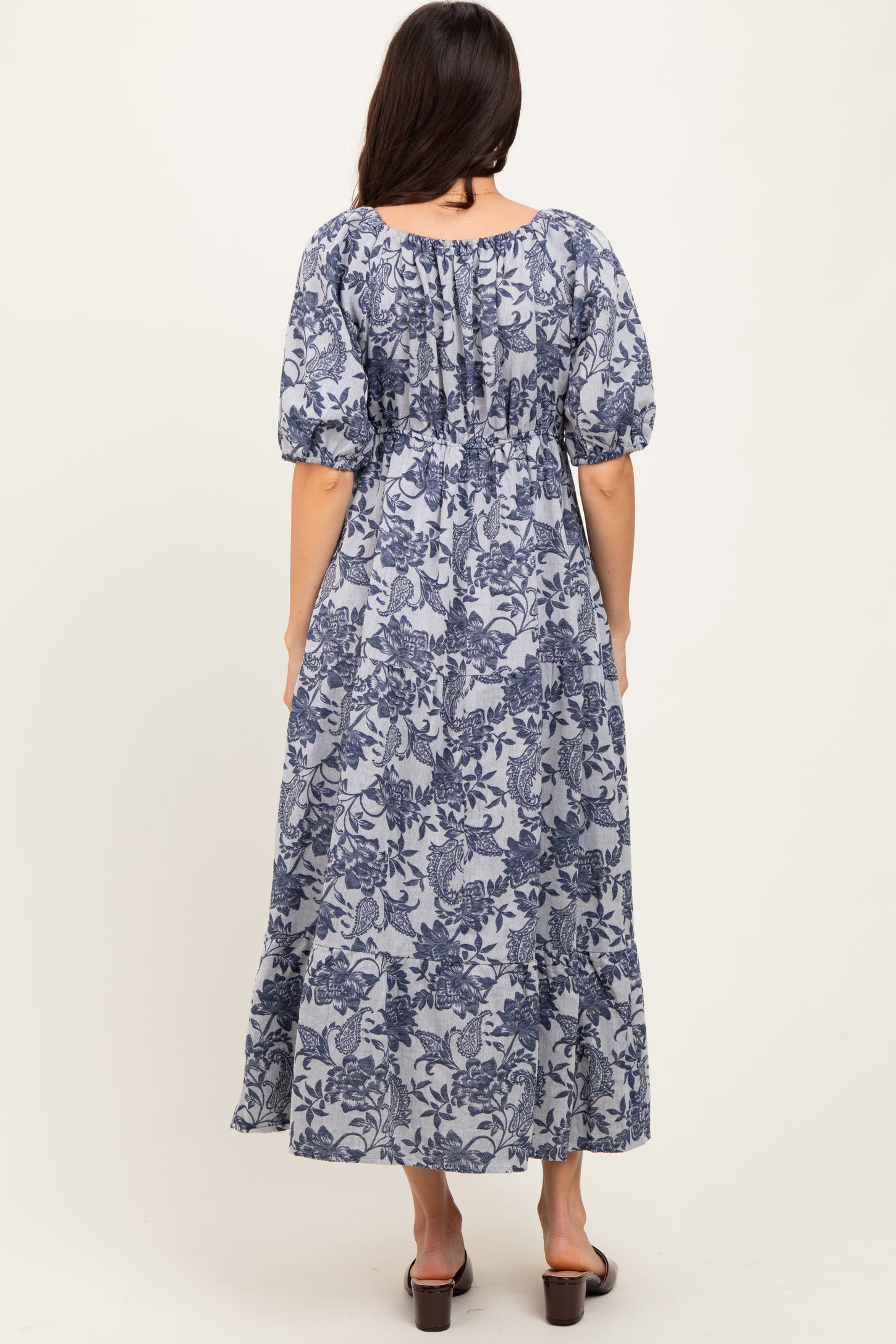 Navy Floral Tiered Puff Sleeve Midi Dress