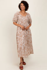 Camel Floral Tiered Puff Sleeve Maternity Midi Dress