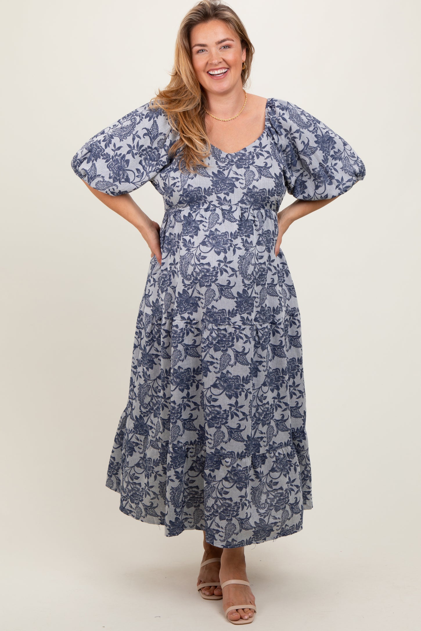 Navy Floral Tiered Puff Sleeve Maternity Plus Midi Dress