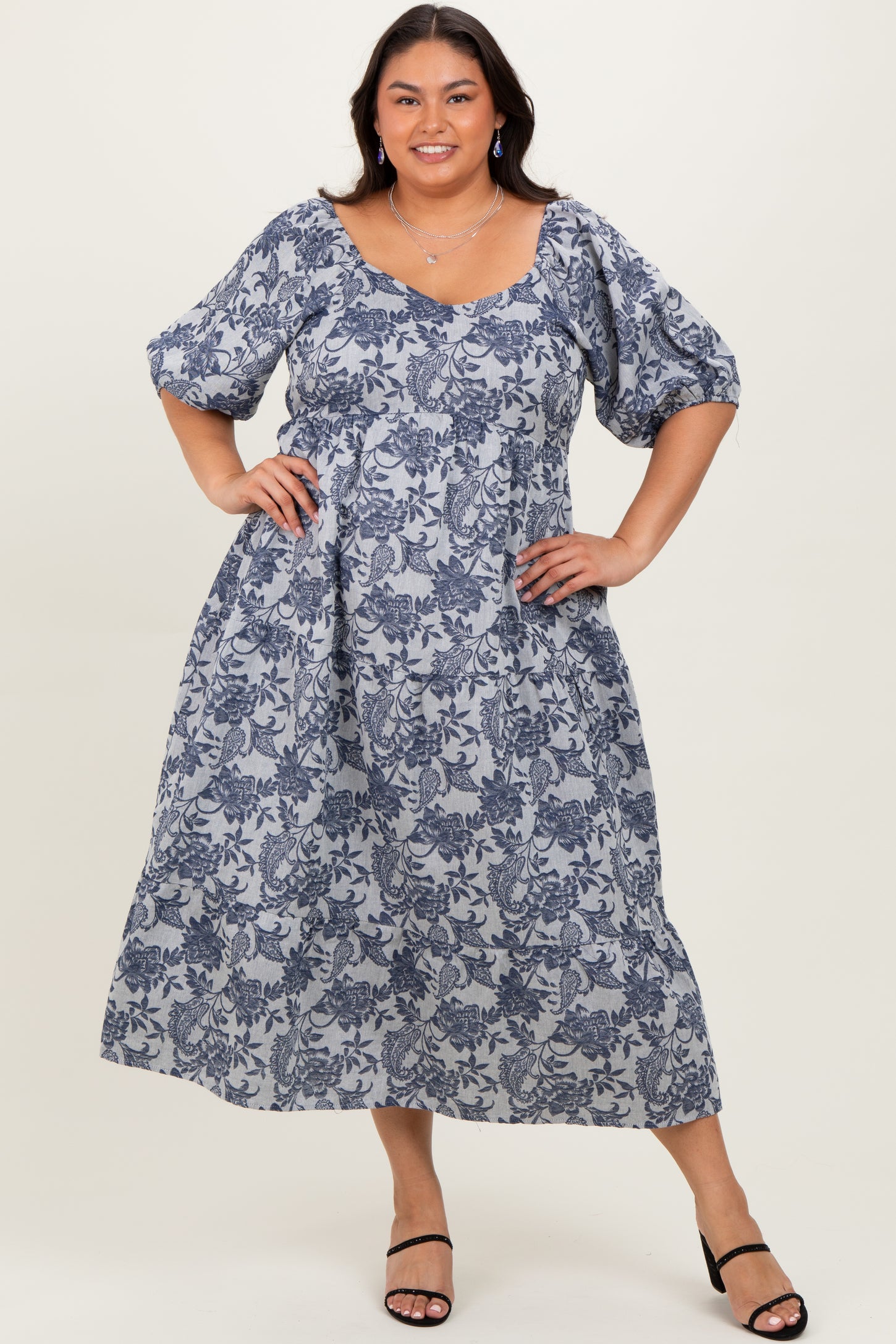 Navy Floral Tiered Puff Sleeve Plus Midi Dress