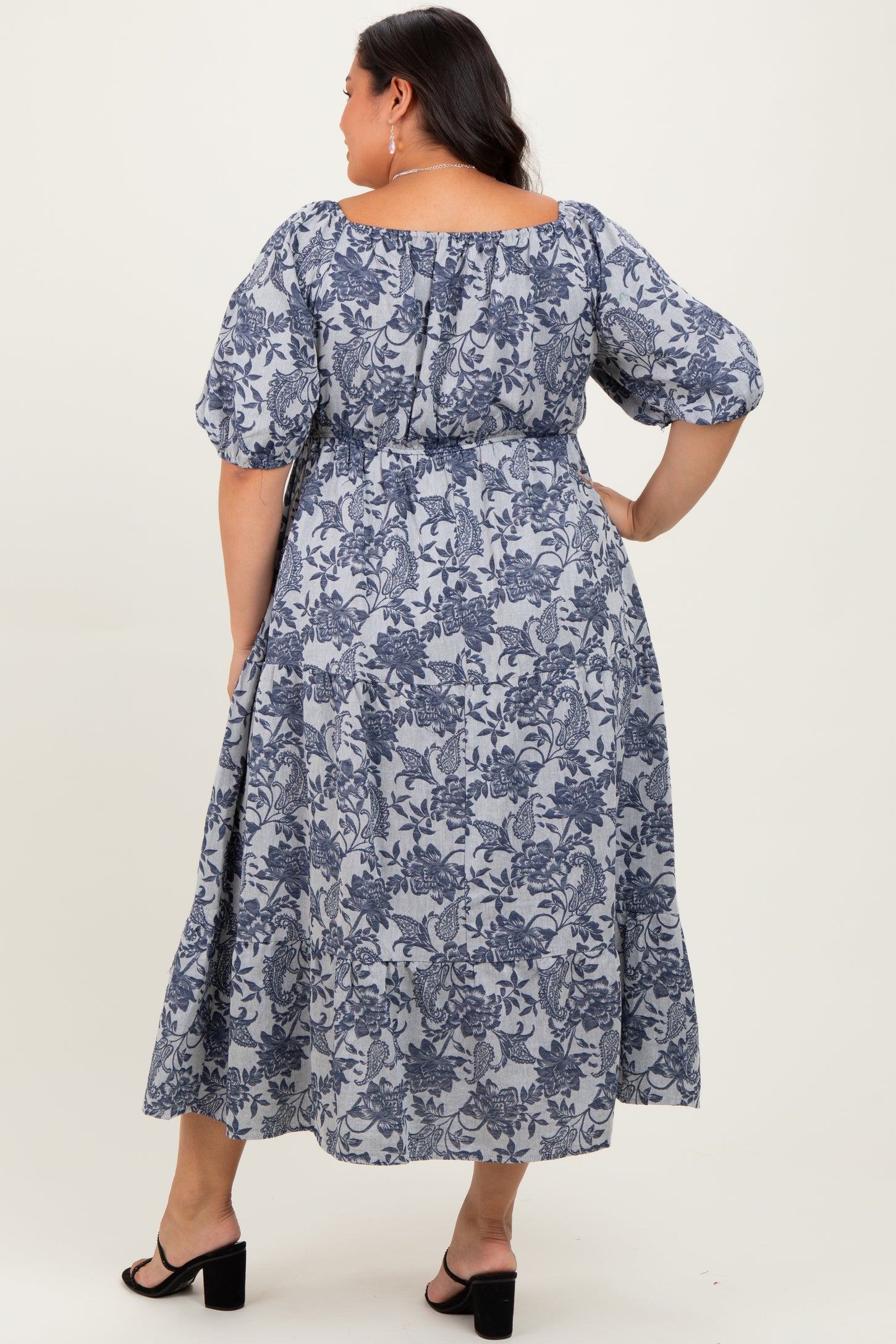 Navy Floral Tiered Puff Sleeve Plus Midi Dress