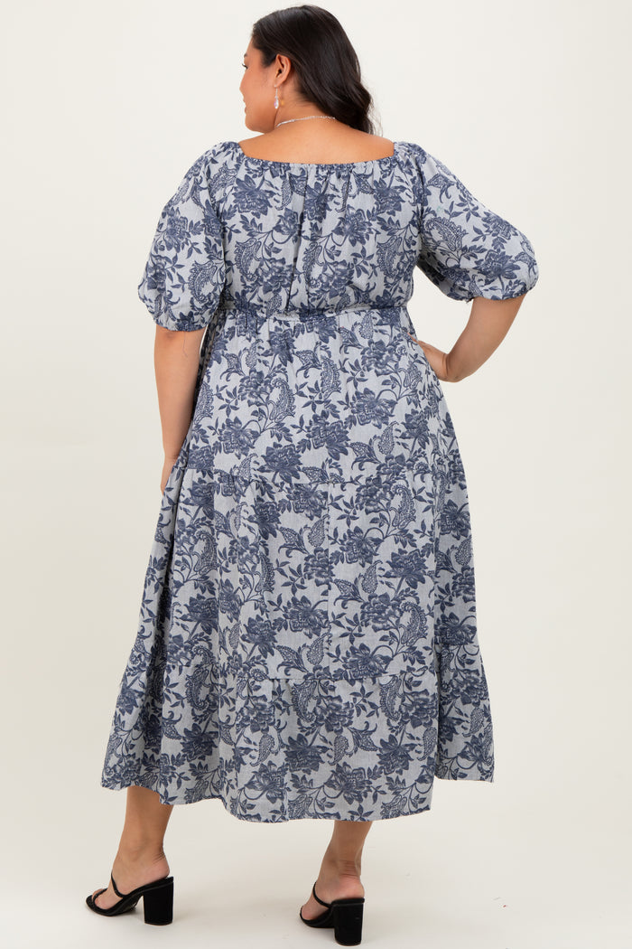 Navy Floral Tiered Puff Sleeve Plus Midi Dress