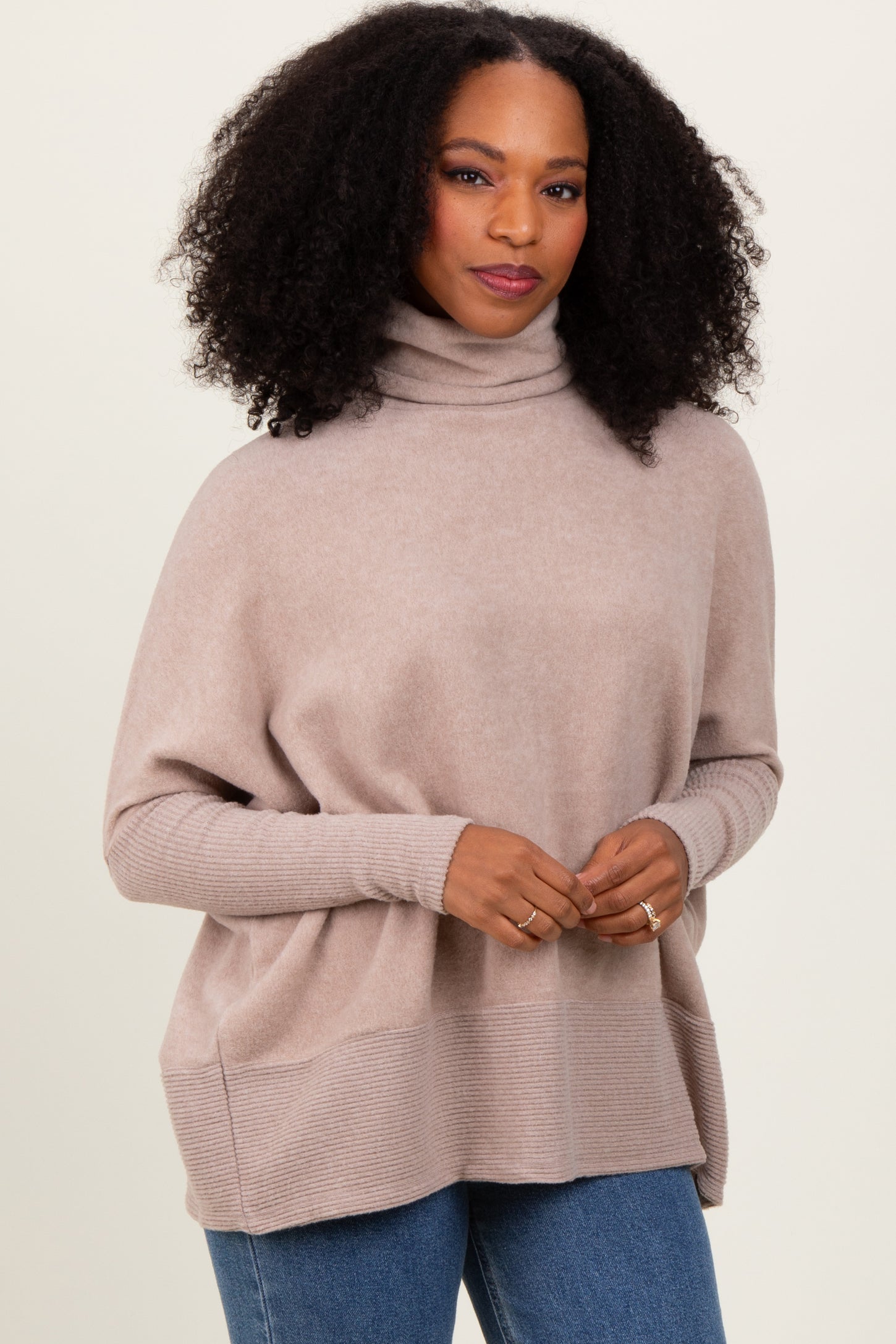 Beige Turtle Neck Brushed Heather Knit Maternity Sweater