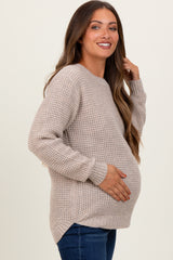 Dark Beige Waffle Knit Rounded Hem Maternity Sweater