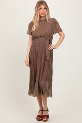 Mocha Leaf Print Pleated Midi Dress