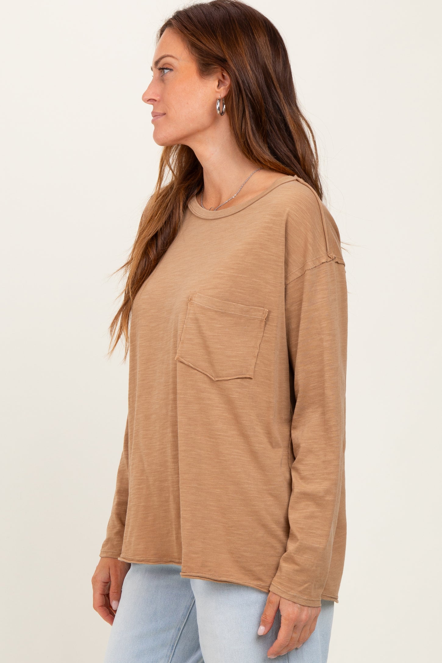 Camel Mineral Wash Front Pocket Long Sleeve Top