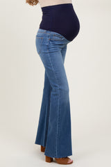 Blue Raw Cut Hem Flare Maternity Jeans