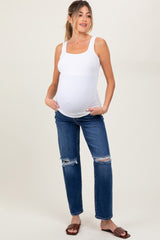 Navy Blue Distressed Open Knee Cropped Maternity Straight Leg Jeans