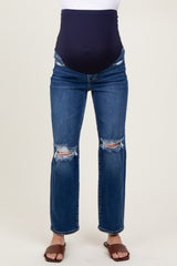 Navy Blue Distressed Open Knee Cropped Maternity Straight Leg Jeans