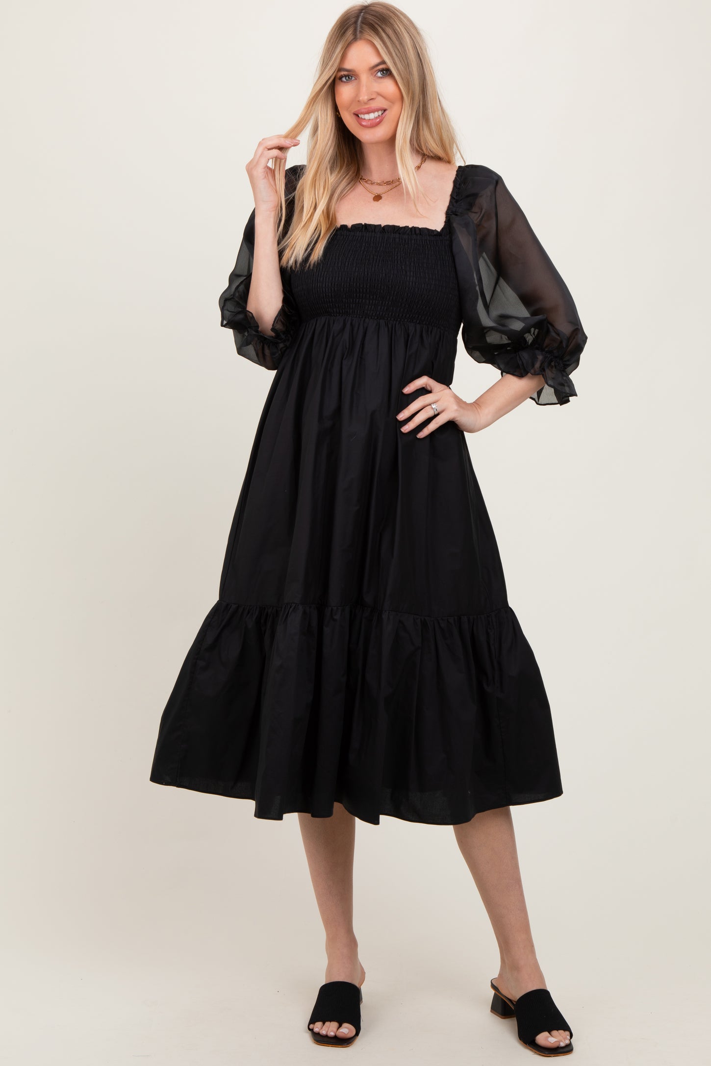 Black Chiffon Smocked Puff Sleeve Midi Dress