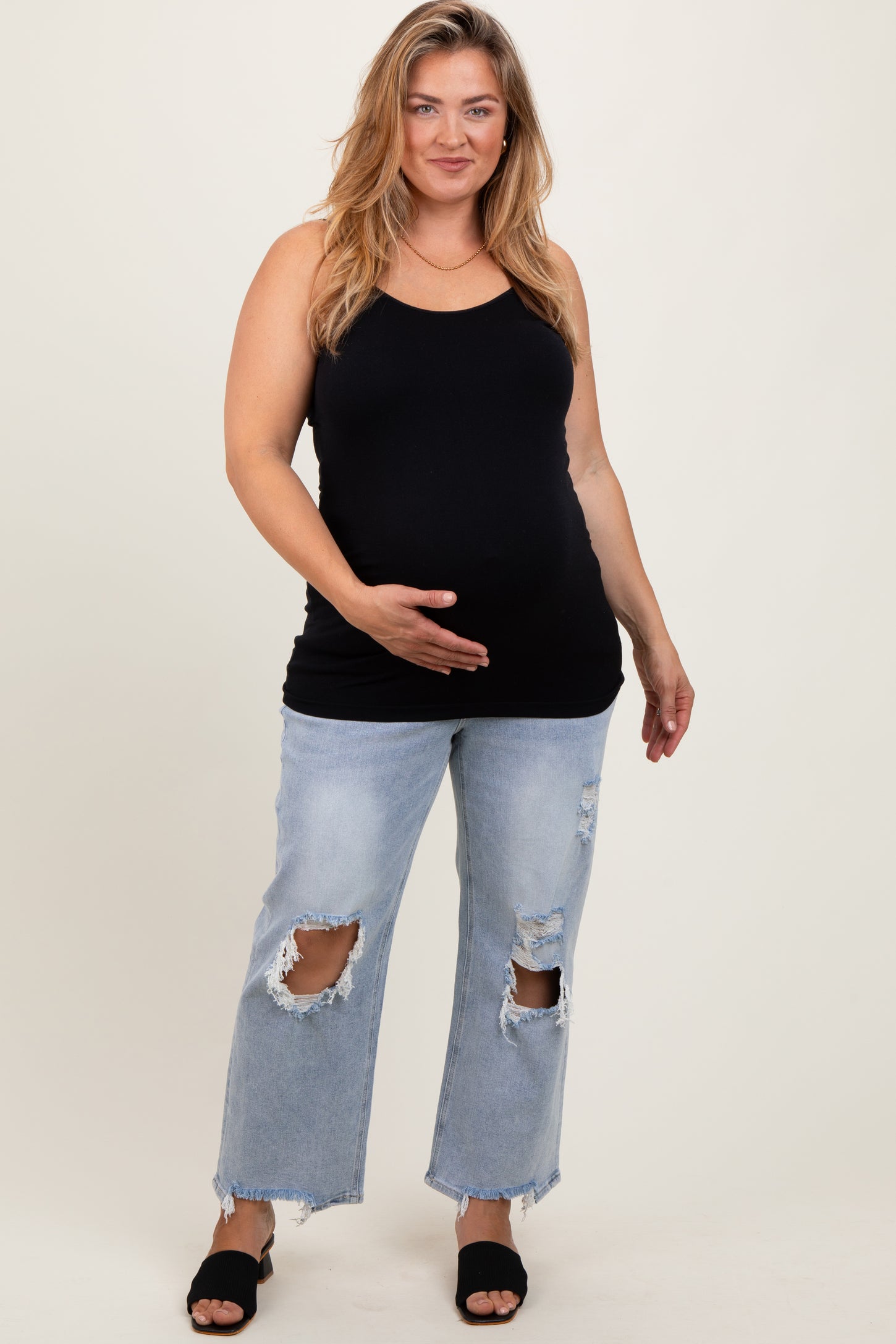 Light Blue Distressed Open Knee Straight Leg Maternity Plus Jeans