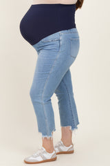 Light Blue Distressed Hem Cropped Straight Leg Maternity Plus Jeans