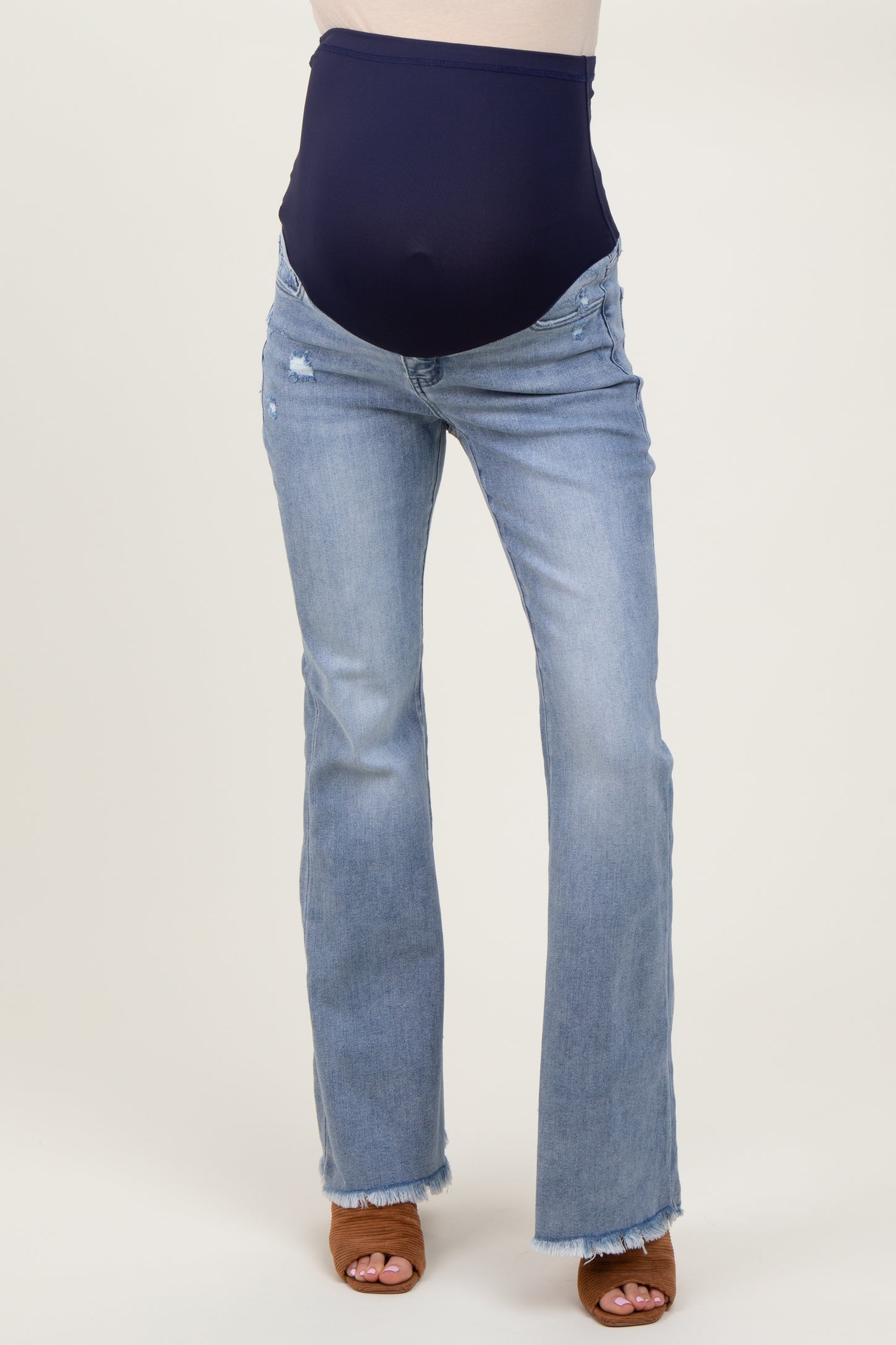 Light Blue Distressed Fringe Hem Flare Leg Maternity Jeans