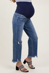 Blue Distressed Open Knee Relaxed Straight Leg Maternity Jeans
