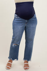 Blue Distressed Open Knee Relaxed Straight Leg Maternity Plus Jeans