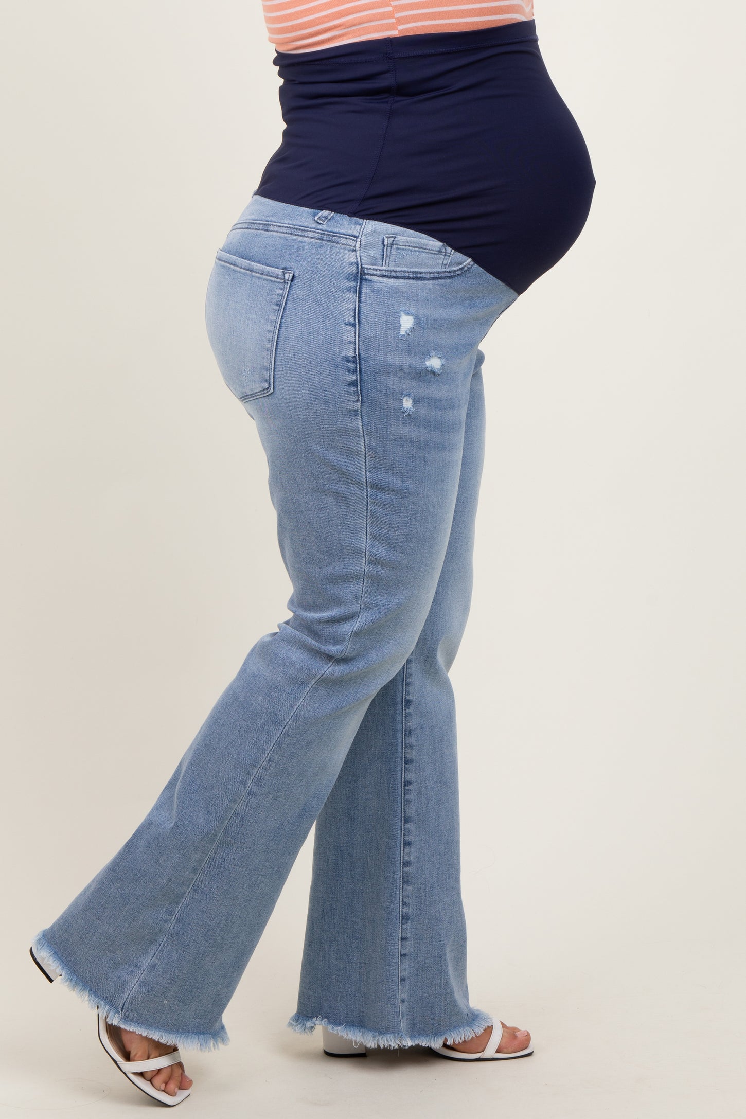 Light Blue Distressed Fringe Hem Flare Leg Maternity Plus Jeans