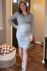 Heather Grey Layered Top Ruched Maternity/Nursing Midi Dress