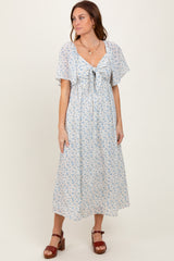 Blue Floral Front Tie Midi Dress
