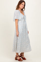 Blue Floral Front Tie Midi Dress