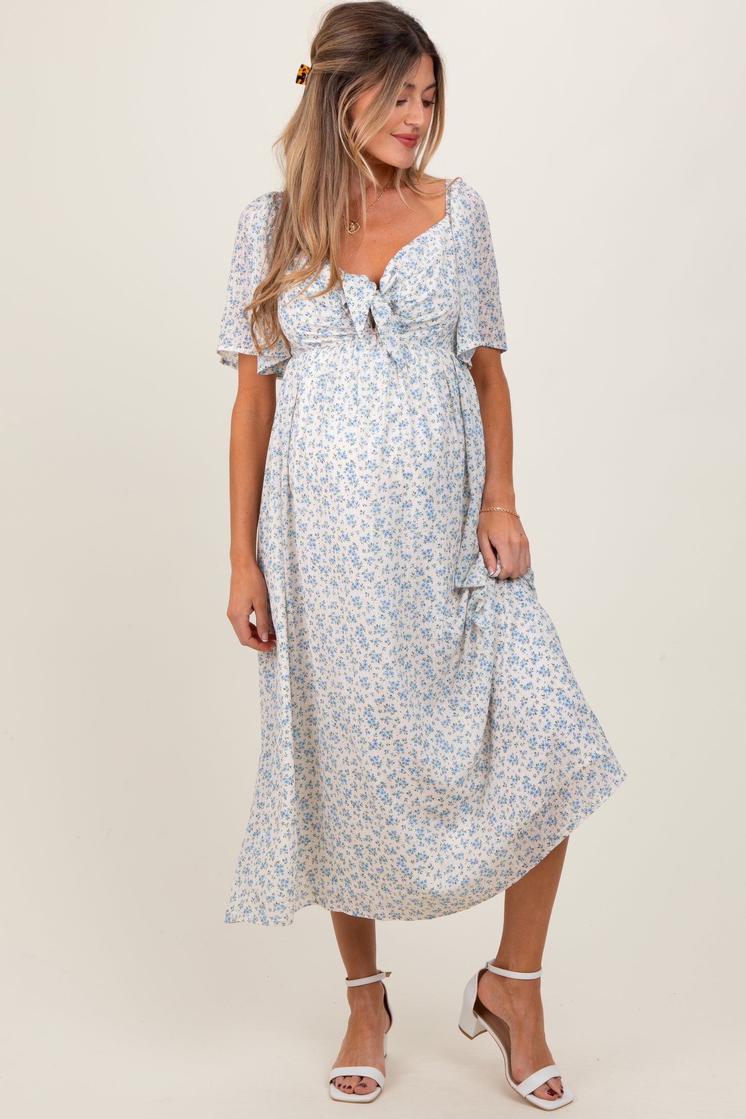 Blue Floral Front Tie Maternity Midi Dress