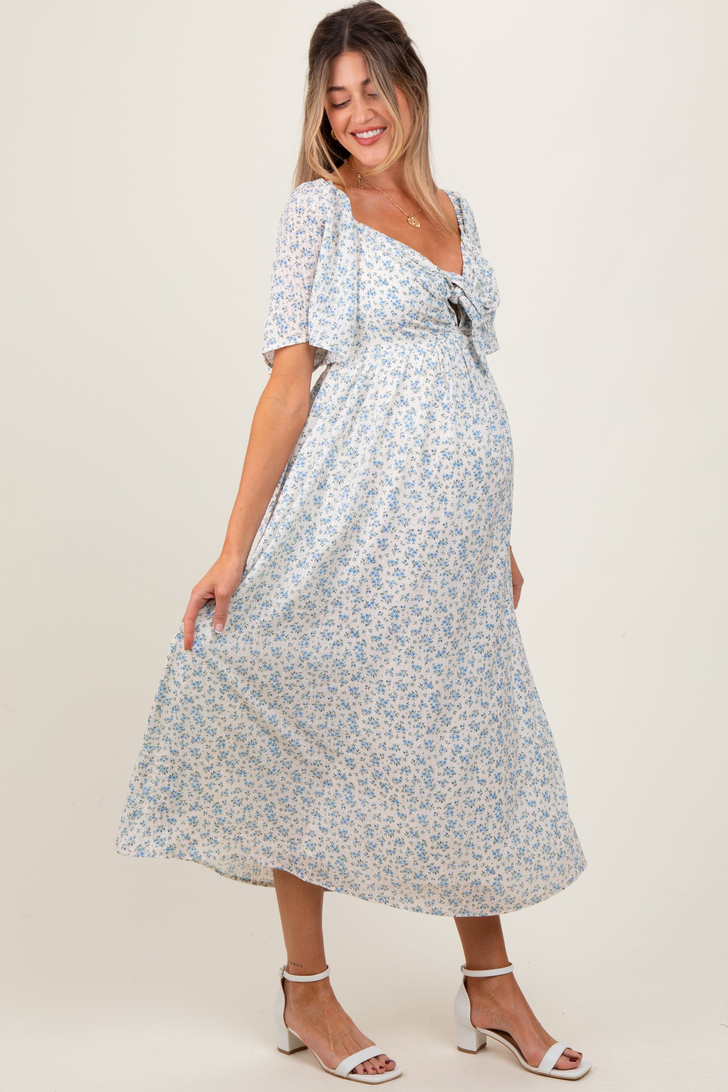 Blue Floral Front Tie Maternity Midi Dress