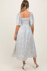 Blue Floral Front Tie Maternity Midi Dress