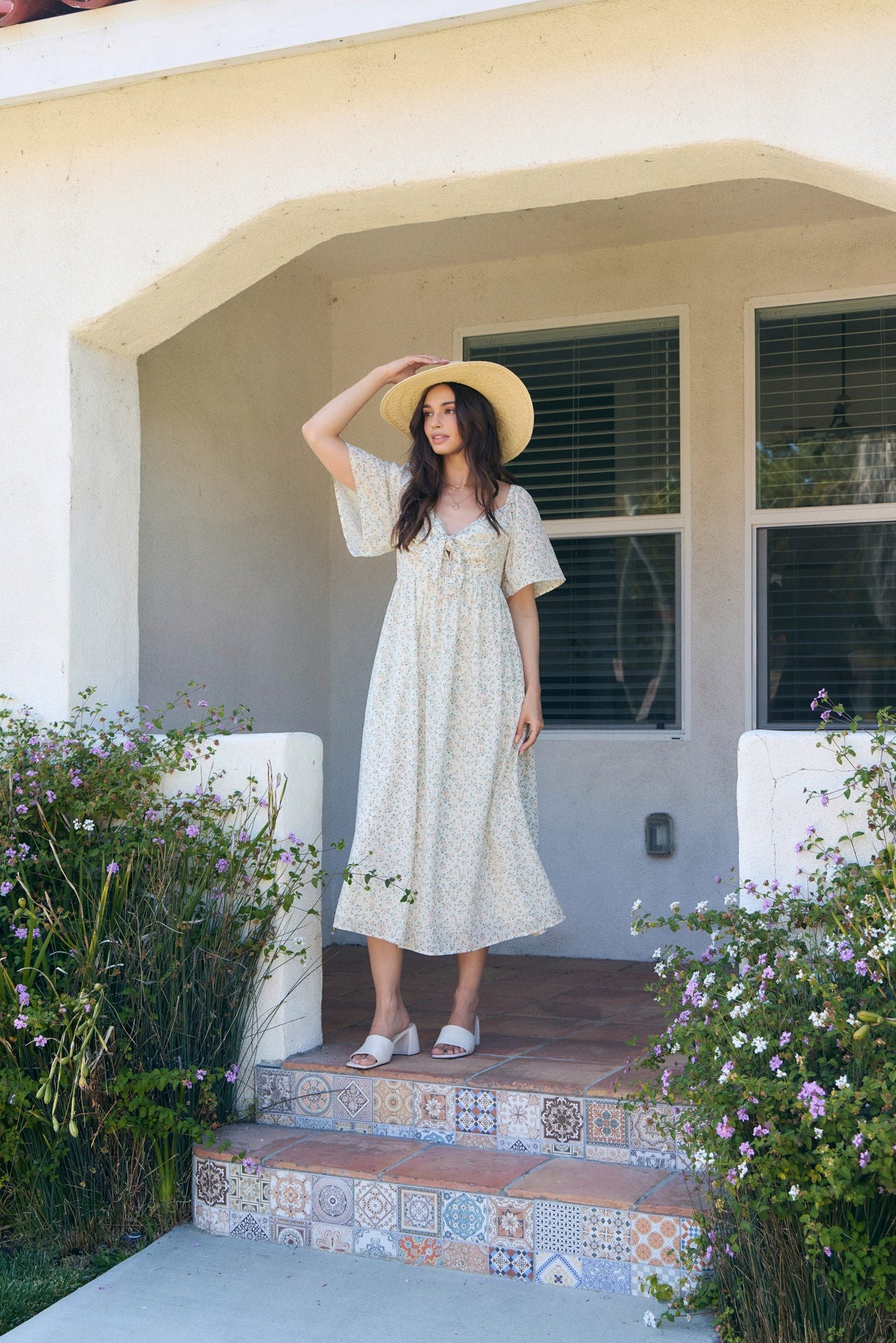 Peach Floral Front Tie Midi Dress