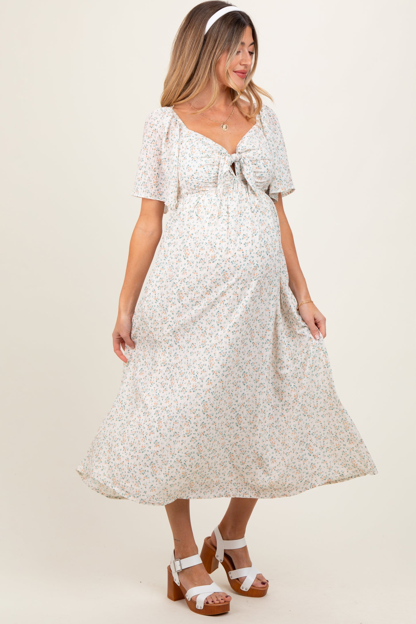 Peach Floral Front Tie Maternity Midi Dress