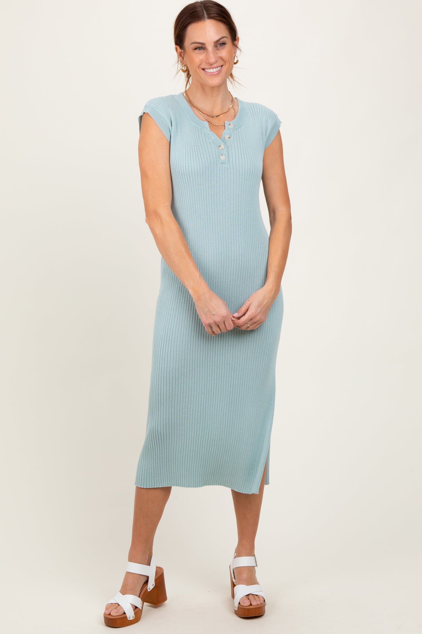 Light Olive Ribbed Knit Button Up Sleeveless Maternity Midi Dress