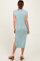 Light Olive Ribbed Knit Button Up Sleeveless Midi Dress