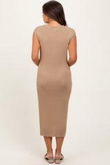 Mocha Ribbed Knit Button Up Sleeveless Maternity Midi Dress