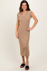 Mocha Ribbed Knit Button Up Sleeveless Midi Dress